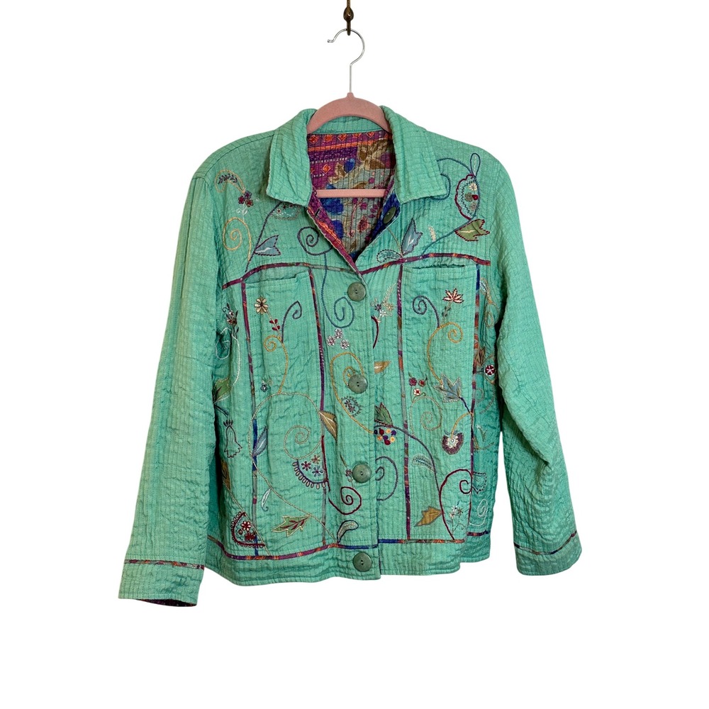 Flashback Reversible Quilted Jacket Size M Purple Green Patchwork Embroidered M - Picture 3 of 11